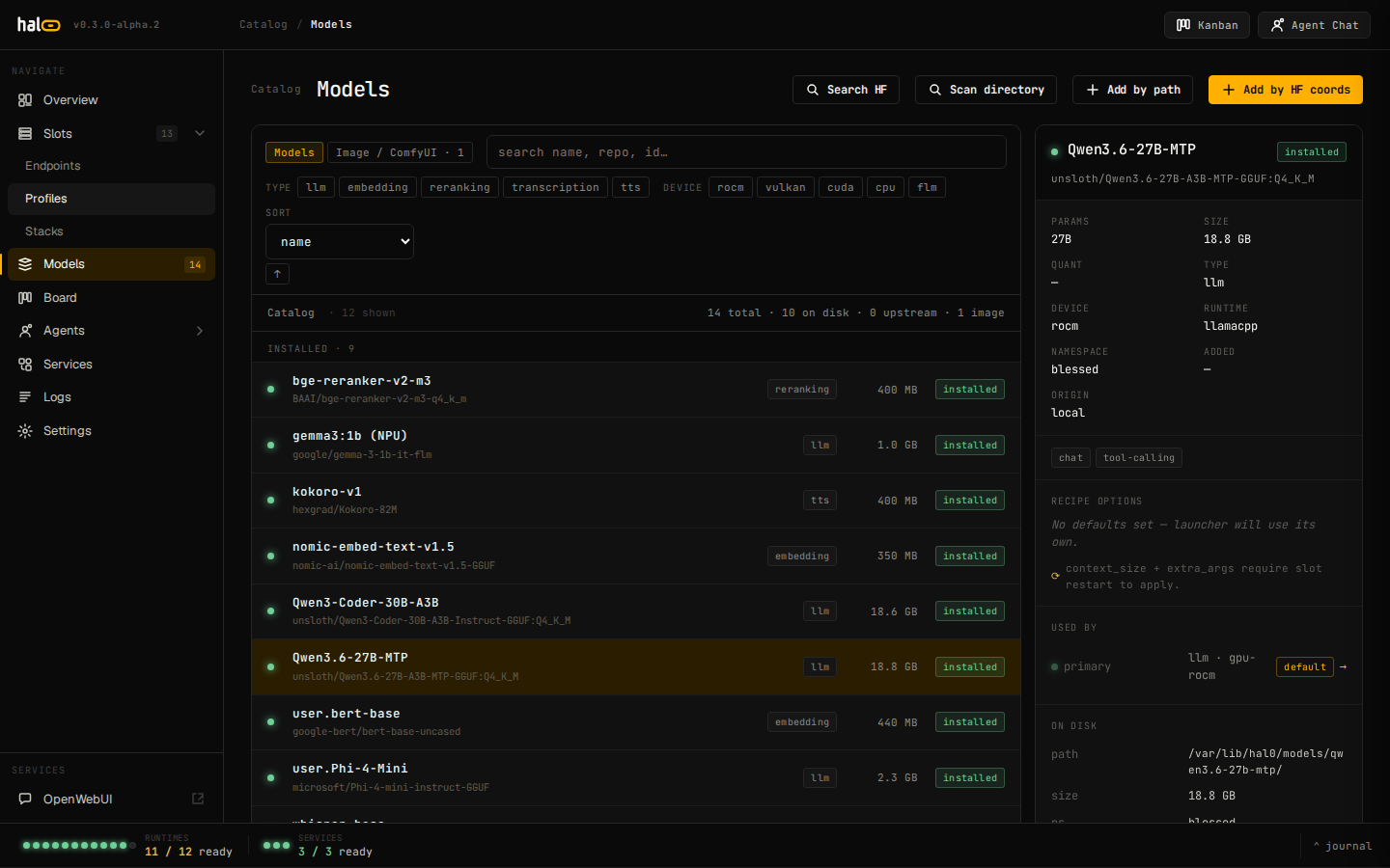 Models registry — installed and available models with pull status badges